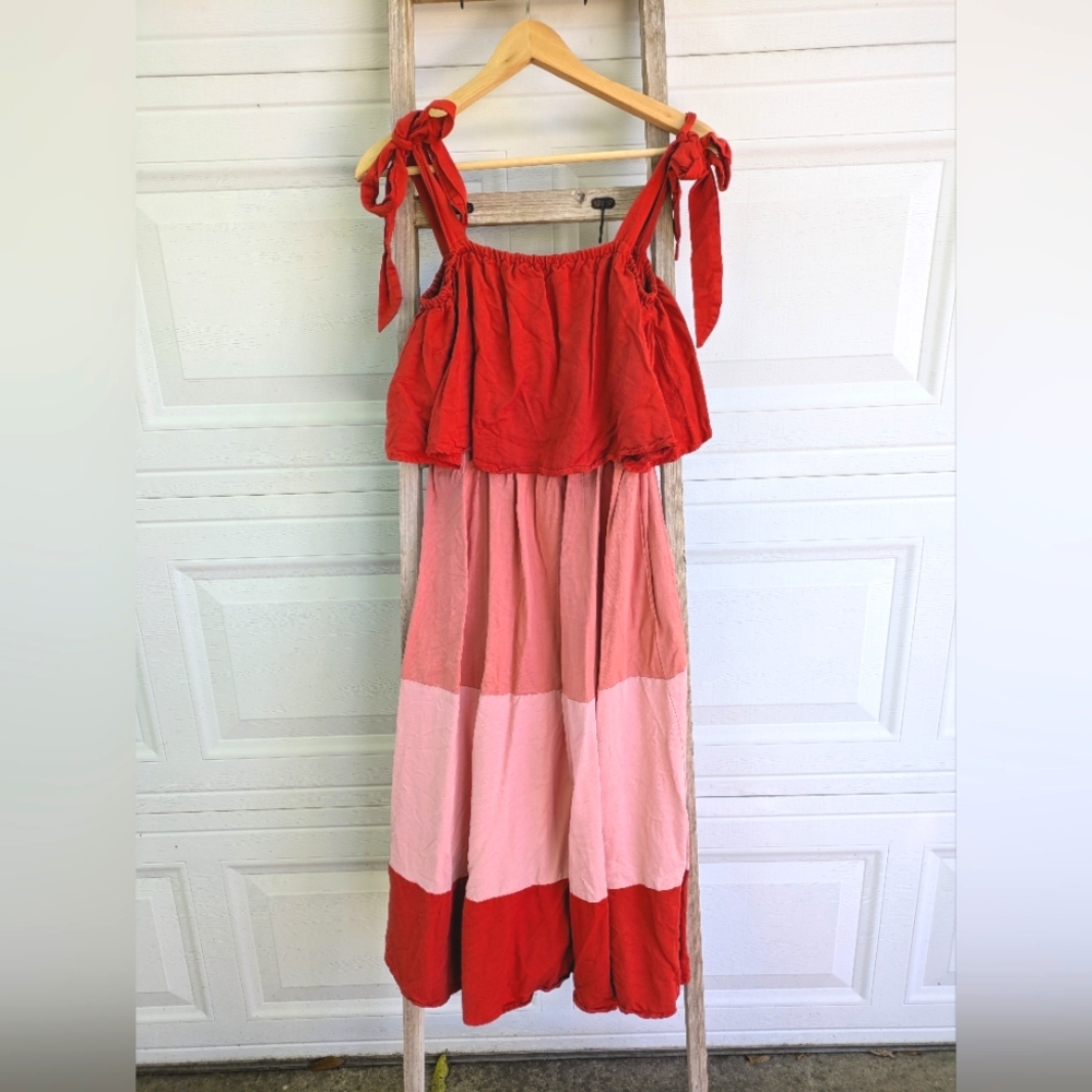 Petal & Pup Red and Pink Block Tier Maxi Dress with Tie Straps